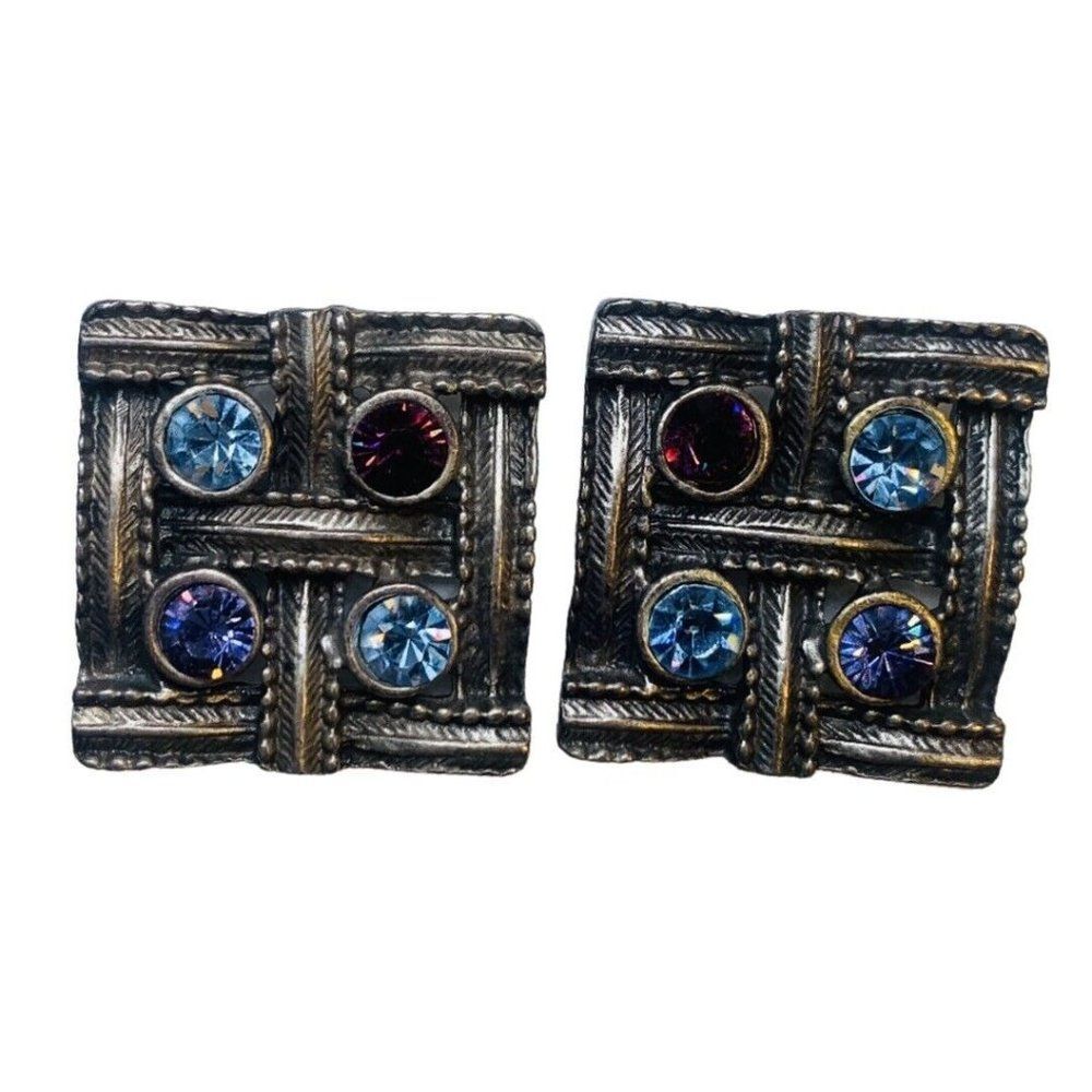 Vintage Large Square Silver Tone Purple Blue Rhinestone Pierced Button Earrings